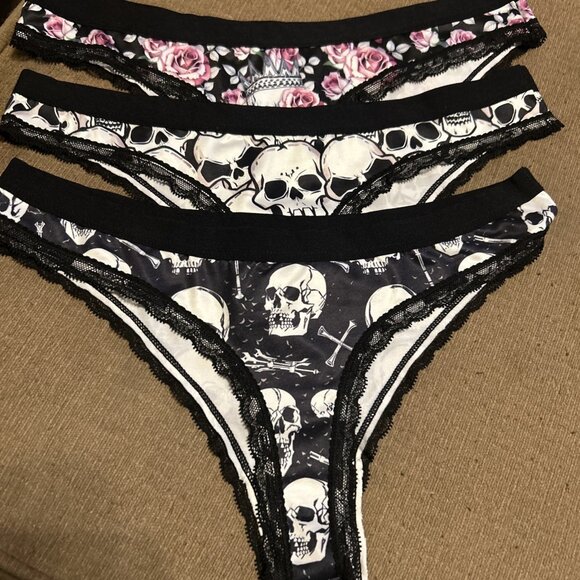 Morvia 3pk lace trim Skater goth Emo Bikini panties Large plus size skull Flower - Picture 1 of 9